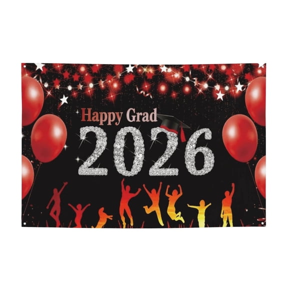 ZHUER 2026 Graduation Banner with Graduation Caps Diplomas Balloons Polyester Graduation Party Decorations, Black Gold Blue Silver Red for Choose, 5.9×3.6ft