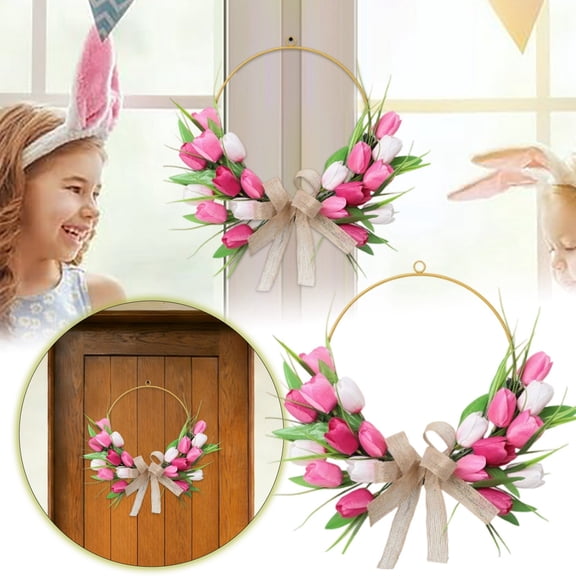 ZHUER Easter Wreath, Easter Wreaths For Front Door, 15.74 Inch, Easter Wreath With Tulip & Bow, Easter Decorations for Home, Office, Porch, Wall & Party (White Pink Red Yellow For Choose)