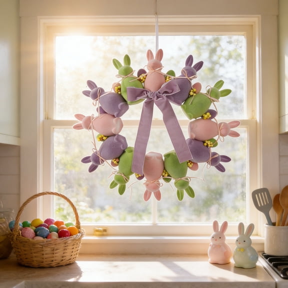 ZHUER Easter Wreath, Easter Wreaths For Front Door, 17.72 Inch, With Flocked Easter Bunny & Bow, Easter Decorations for Home, Office, Porch, Wall, Window & Spring Holiday