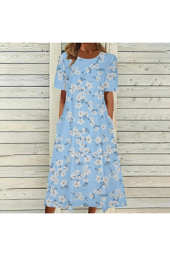 2024 Summer Dresses for Women Casual Short Sleeve Tshirt Dress Crewneck Flowy Tiered Maxi Beach Dresses with Pockets