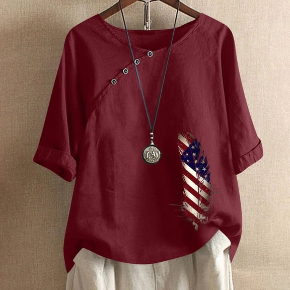 ZHUGeLI 4th of July Shirt for Women Women's Cotton And Linen Printed T-shirt For Slimming And Casual Personality Printing Top For Women's Clothing, American Flag Patriotic Shirts 2024