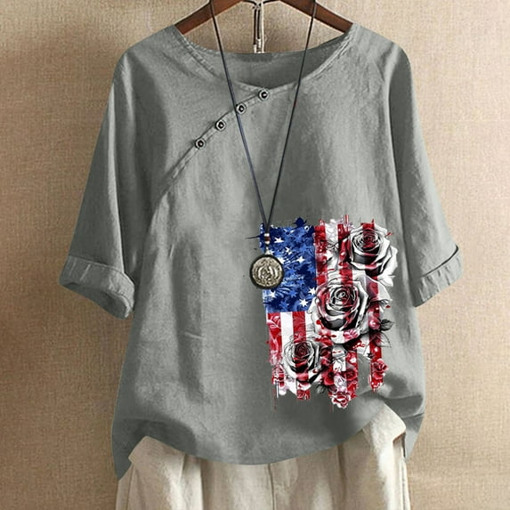 ZHUGeLI 4th of July Shirt for Women Women's Cotton And Linen Printed T-shirt For Slimming And Casual Personality Printing Top For Women's Clothing, American Flag Patriotic Shirts 2024