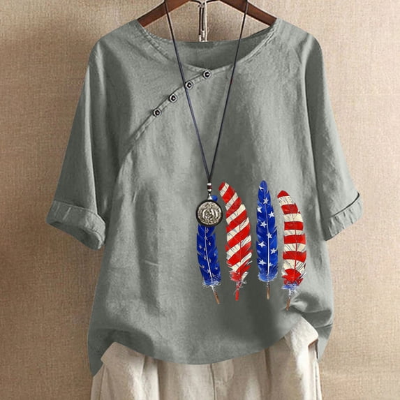 ZHUGeLI 4th of July Shirt for Women Women's Cotton And Linen Printed T-shirt For Slimming And Casual Personality Printing Top For Women's Clothing, American Flag Patriotic Shirts 2024