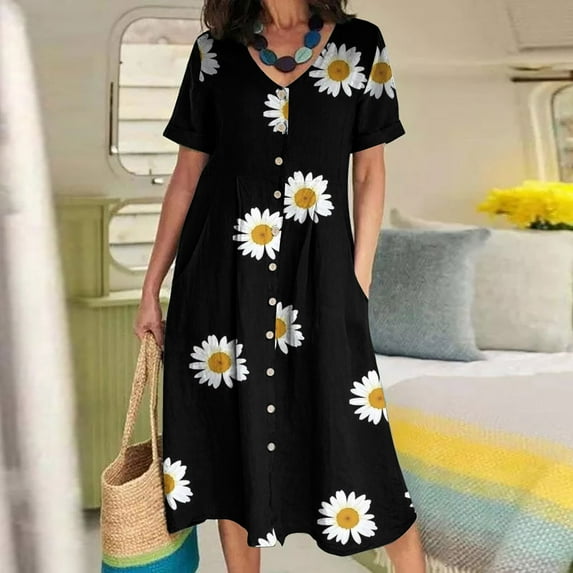 ZHUGeLI Beach Dresses for Women 2024 Vacation Swim Cover Up V-Neck Summer Dress Button Down Sleeveless Boho Floral Sundress