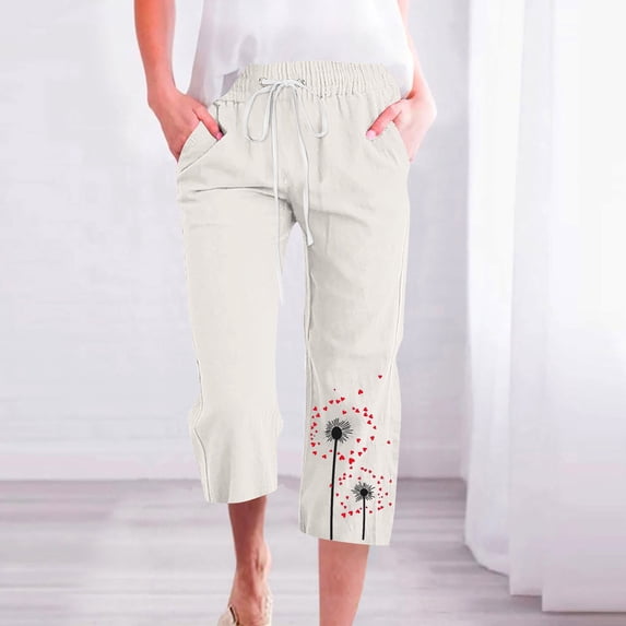 ZHUGeLI Beach Pants for Women Lightweight Summer Pants Women Casual Cotton Linen Cropped Pants Elastic Waist Drawstring Ethnic Floral Capris Trousers Casual High Waisted Drawstring Beach Pant