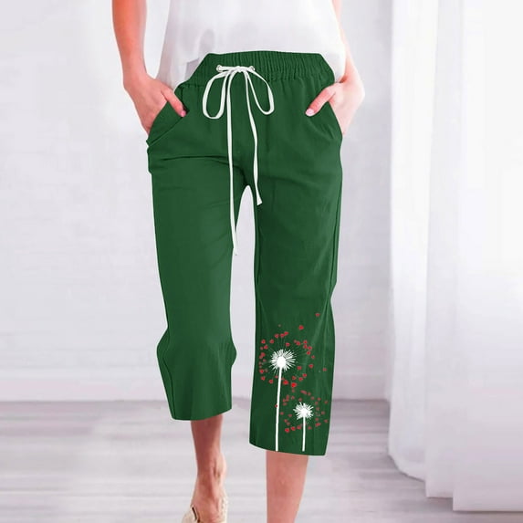 ZHUGeLI Beach Pants for Women Lightweight Summer Pants Women Casual Cotton Linen Cropped Pants Elastic Waist Drawstring Ethnic Floral Capris Trousers Casual High Waisted Drawstring Beach Pant