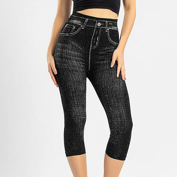 ZHUGeLI Capri Pants for Women's Tight Fit Imitation Denim Printing Bottom Pants High Elastic Pencil Pants Capris Tummy Control Leggings on Clearance