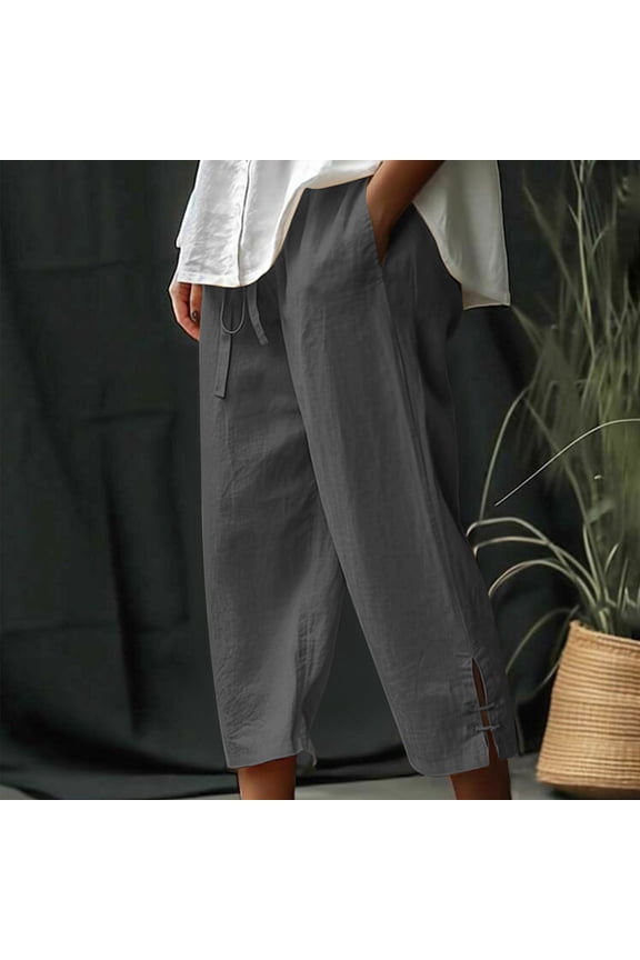 Cargo Pants Plus Size Linen Capris Pants for Women With Drawstring Casual Cropped Trouser Leggings Summer 2024 Straight Leg Lounge Ankle Capris Trousers Elastic Waist