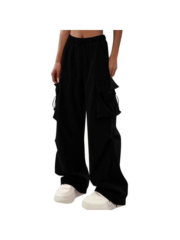 Cargo Pants Women Baggy Y2k Streetwear Wide Leg Pants with Pockets High Waist Drawstring Goth