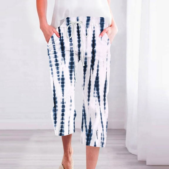 ZHUGeLI Dress Pants Women Summer Beach Casual Pants Straight Leg Linen Pants Elastic Waist Boho Floral Print Capri Pants High Waist Loose Comfy Trousers