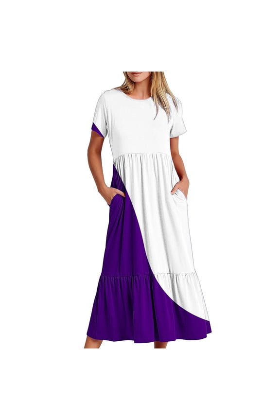 Dresses for Women 2024 Casual Summer Short Sleeve Crewneck Swing Dress Loose Tiered Maxi Beach Dress with Pockets