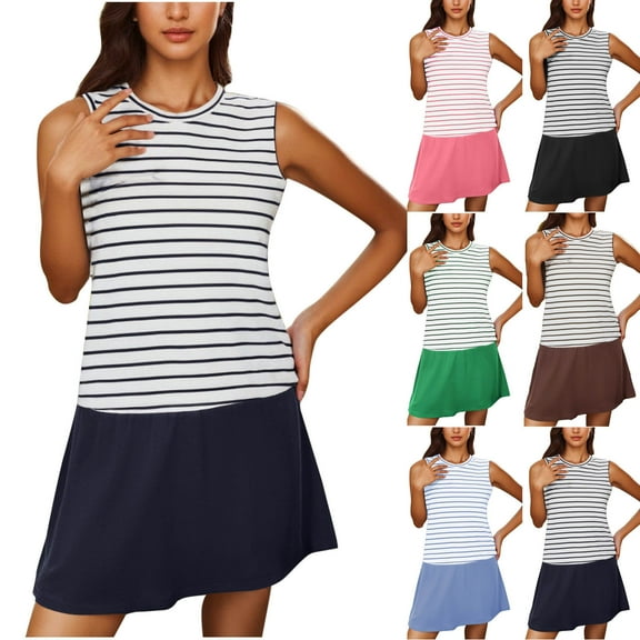 ZHUGeLI Dresses for Women Summer Casual Boho Dress Ladies' Stripe Print Color Blocking Fashionable Round Neck Casual Short Skirt Pocket Dress