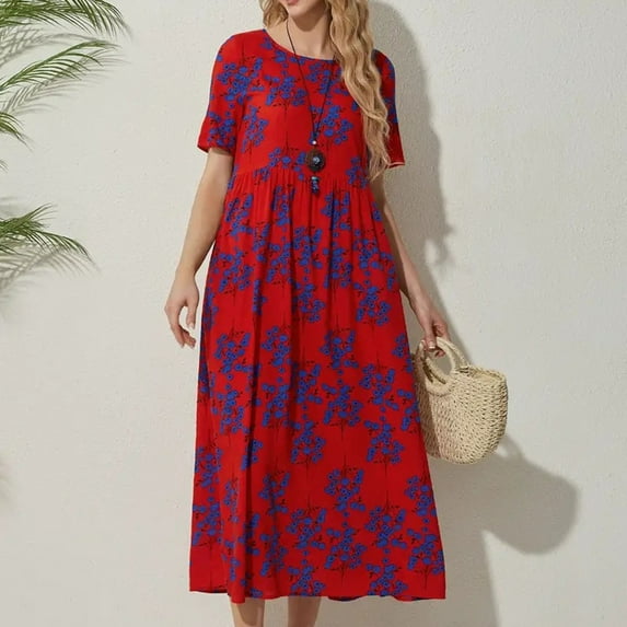 ZHUGeLI Dresses for Women Woman Flowers Printing Elastic Waist Round Neck Short Sleeve Dresses Swing Dress Flowy Tiered Midi Beach Dress with Pockets