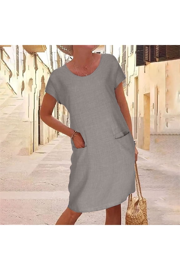 Dresses for Women Women's Fashion Short Sleeve Casual Loose Solid Color Pocket Round Neck Dress Casual Loose Flowy Swing Shift Dresses