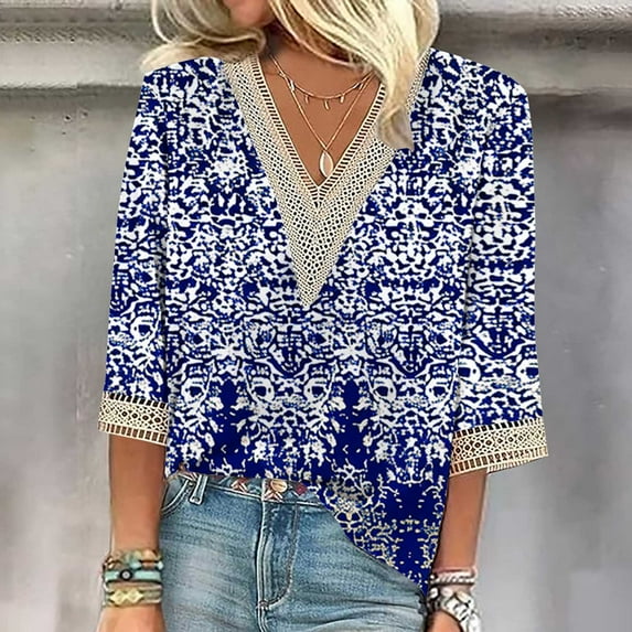 ZHUGeLI Fashion Women's Summer V-Neck 3/4 Sleeve Lace Print Casual T-shirt Blouse Up to 50% off Clearance