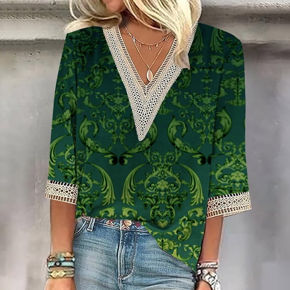 ZHUGeLI Fashion Women's Summer V-Neck 3/4 Sleeve Lace Print Casual T-shirt Blouse Up to 50% off Clearance