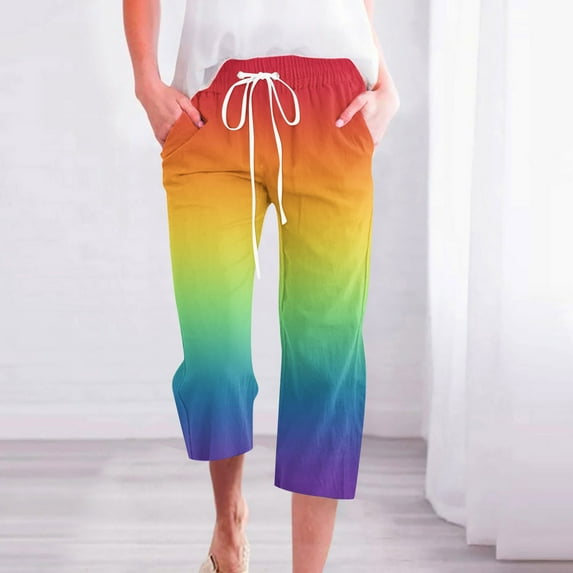 ZHUGeLI Joggers for Women Capri Pants for Women Retro Beautiful Floral Print Stretch Waist Drawstring Straight Trousers With Pockets Elastic Waist Ankle Length Pants
