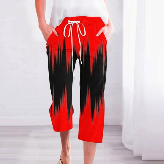 ZHUGeLI Joggers for Women Cute Floral Print Capri Pants Women Summer Casual Cropped Pants Elastic Drawstring Waist Vacation Beach Pants Pocket High Waist Loose Comfy Trousers