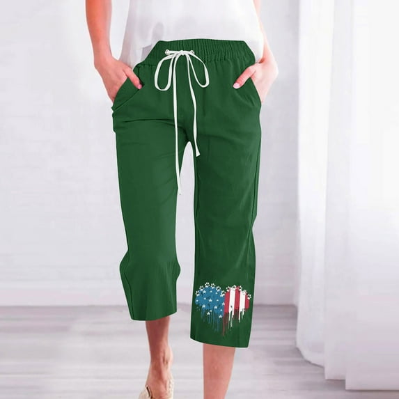 ZHUGeLI Joggers for Women Cute Usa Flag Print Capri Pants Women Summer Casual Cropped Pants Elastic Drawstring Waist Vacation Beach Pants Pocket Capri Pants Comfy Trousers Elastic Pants