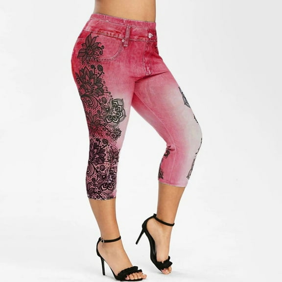 ZHUGeLI Leggings for Women'sFashion Lace Panel Denim Leggings Summer Capris Leggings Jeggings Comfy Leggings on Clearance