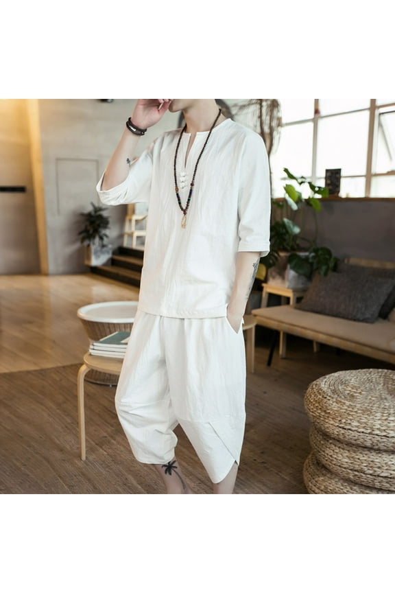 Men's 2 Pieces Short Sets Cotton Linen Shirts 3/4 Sleeve Casual Beach Shorts Summer Yoga Outfits