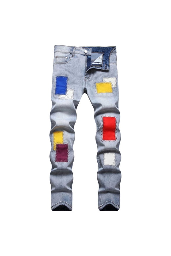 Men's Designer Ripped Straight Slim Fit Stretch Skinny Patchwork Jeans