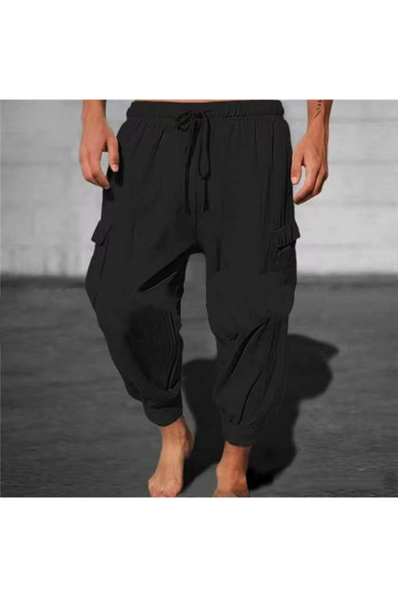 Mens Cotton Linen Pants Drawstring Aladdin Harem Pants Casual Loose Drop Crotch Trousers Hippie Yoga Pants with Cargo Pocket