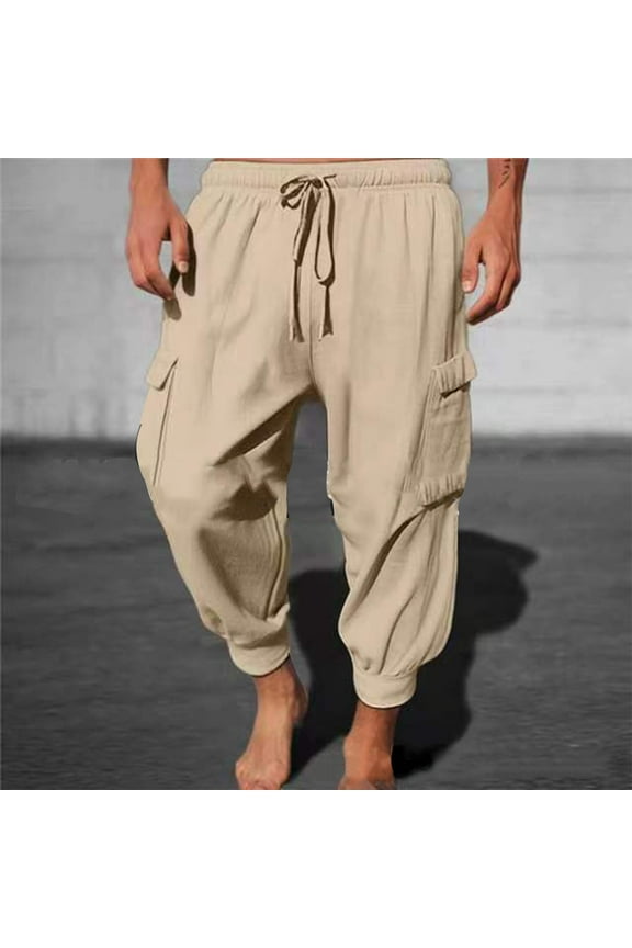 Mens Cotton Linen Pants Drawstring Aladdin Harem Pants Casual Loose Drop Crotch Trousers Hippie Yoga Pants with Cargo Pocket