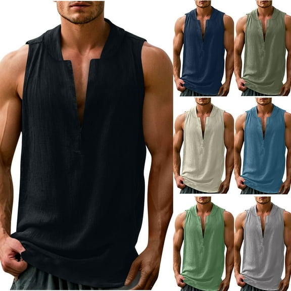 ZHUGeLI Mens Tank Tops V-Neck Sleevese Loose Lapel Cotton And Linen Tunic Summer Shirt Blouse Tank Workout Tank Top Gym Muscle Sleeveless Undershirts Mens Clothing Under $10