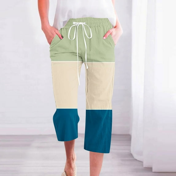 ZHUGeLI Pants for Women Cute Floral Print Capri Pants Women Summer Casual Cropped Pants Elastic Drawstring Waist Vacation Beach Pants Pocket Drawstring Capri Joggers Hiking Pants Lounge Pants