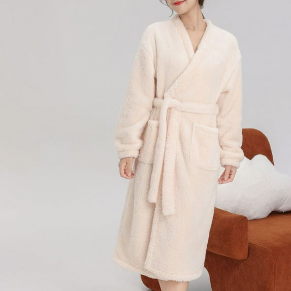 ZHUGeLI Robes for Women's double sided thick Robe with pocket Autumn/Winter flannel long sleeve solid color can be worn outside the home robe nightgown