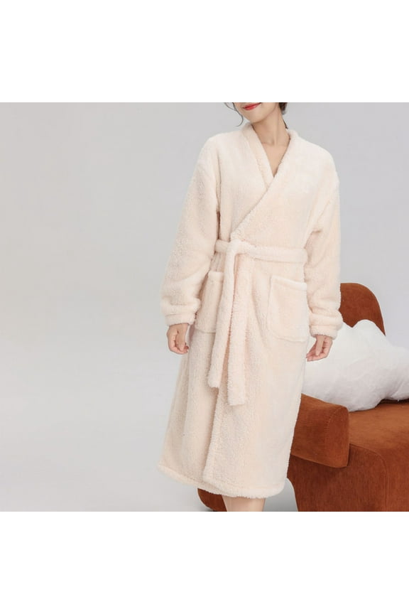 Robes for Women's double sided thick Robe with pocket Autumn/Winter flannel long sleeve solid color can be worn outside the home robe nightgown