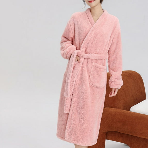 ZHUGeLI Robes for Women's double sided thick Robe with pocket Autumn/Winter flannel long sleeve solid color can be worn outside the home robe nightgown