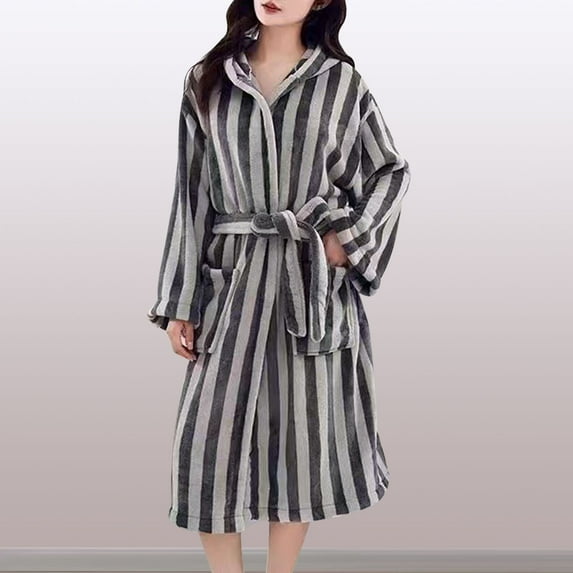 ZHUGeLI Robes for Women's Striped Hooded Winter Loose Plush Warm Thickened Long Fleece Bathrobe Homewear Pajama Robe