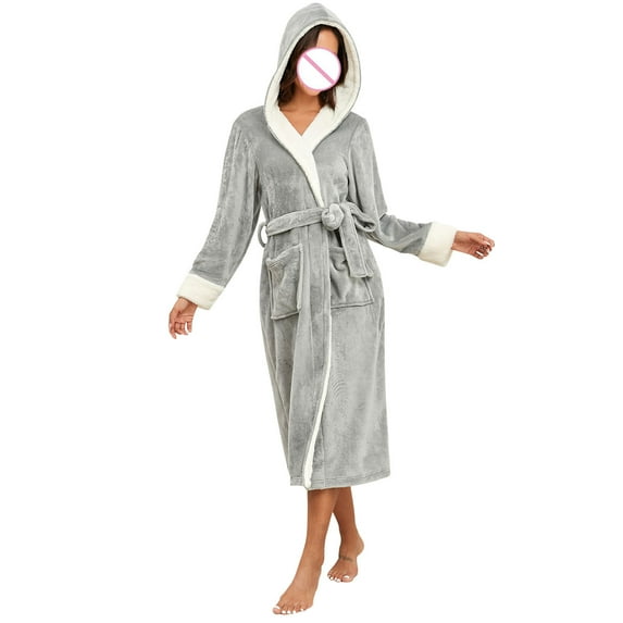 ZHUGeLI Robes for Women's long solid color patchwork thickened flannel lace-up hooded bathrobe with pockets