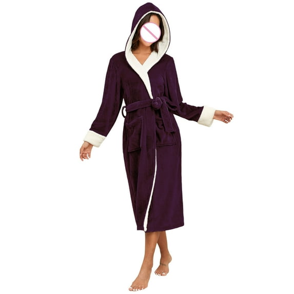 ZHUGeLI Robes for Women's long solid color patchwork thickened flannel lace-up hooded bathrobe with pockets
