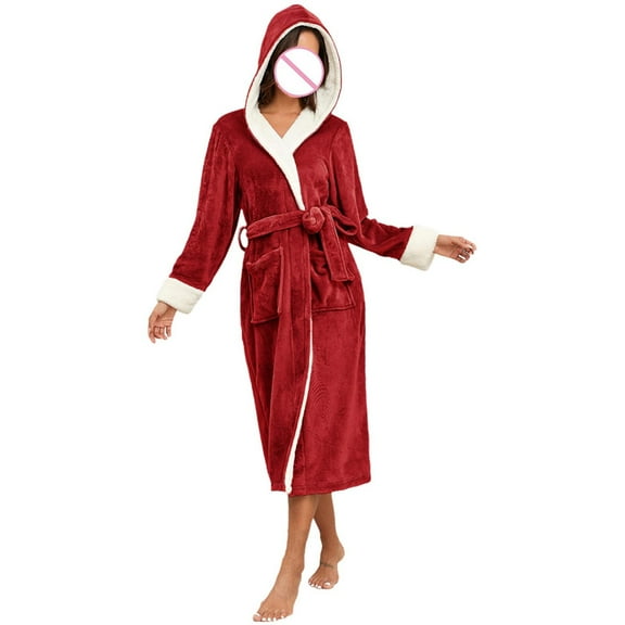 ZHUGeLI Robes for Women's long solid color patchwork thickened flannel lace-up hooded bathrobe with pockets