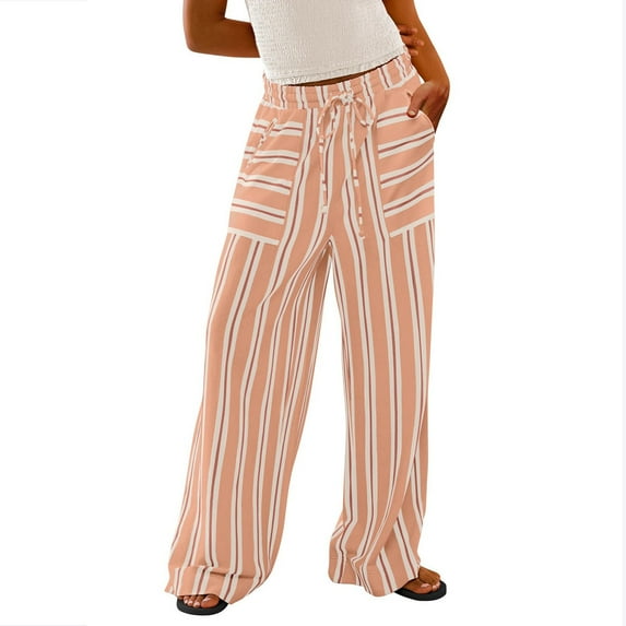 ZHUGeLI Striped Pants for Women Wide Leg Casual Trousers Pants Low Rise Drawstring Loose Lounge Pants with Pockets