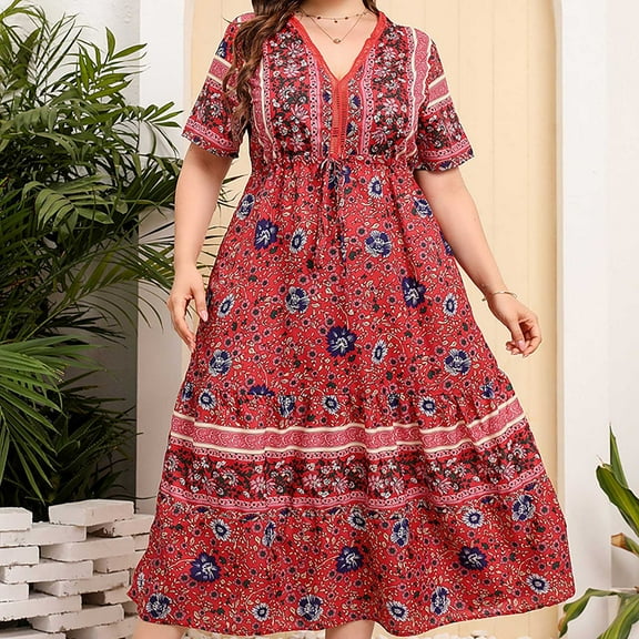 ZHUGeLI Summer Dress Women's Bohemian Plus-size Long Dress Beach Dress Short Sleeve Dress Sundress Up to 50% off