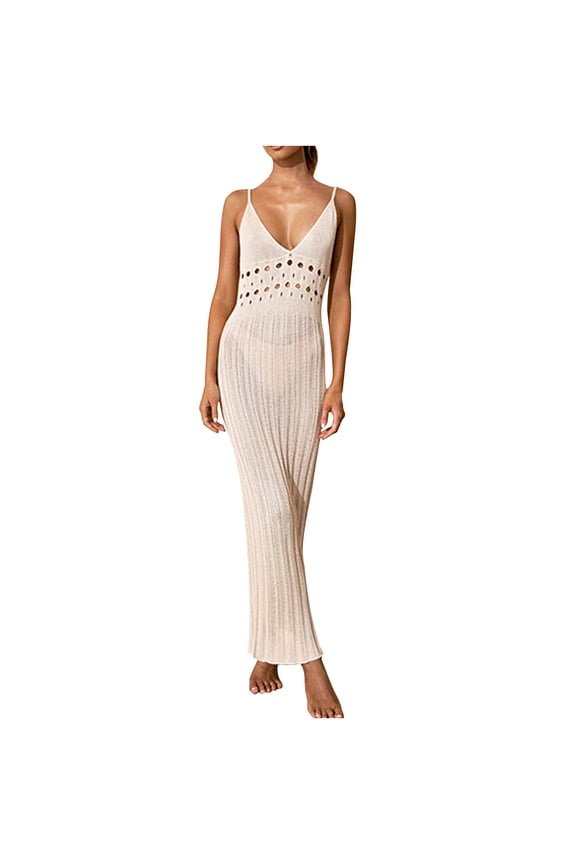 Summer Dress Women's Summer Beach Skirt Women's Solid Color Sexy Knitted Hollow Out Bikini Swimsuit Cover Up Sun Protection Clothing Sling V-neck Dress Up to 50% off