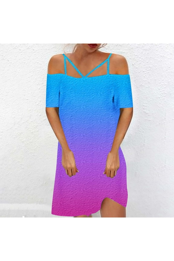 Summer Dresses for Women 2024 Fashion Women Casual Sexy Cold Shoulder Printing Summer Short Sleeve Dress Smocked Elastic Waist Tiered Midi Dress