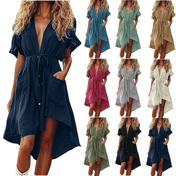 ZHUGeLI Summer Dresses for Women Beach Sundress Summer Short Dresses Short Sleeve Color Block Loose Trendy Imitation Cotton and Linen Mini Dress Witn Button Pocket