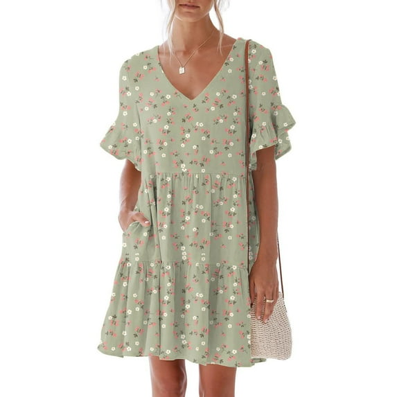 ZHUGeLI Summer Dresses for Women Fashion Women Summer Short Sleeve Sexy Casual Round Neck Dress Comfort Loose Home Furnishings Color V-neck Kink Versatile Slim Ruffle Swing Beach Long Midi Dress