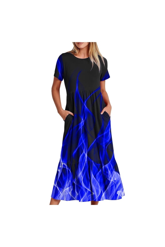 Summer Dresses for Women 2024 Elegant Short Sleeve Crew Neck Maxi Dress Casual Tiered Ruffle Hem Spring Dress with Pockets