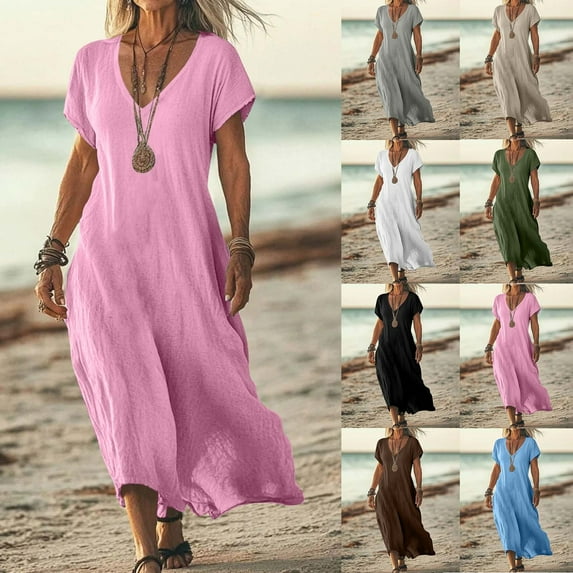 ZHUGeLI Summer Dresses for Women Beach Sundress Solid Color Cotton Linen Short Sleeved V-neck Dress Skirt