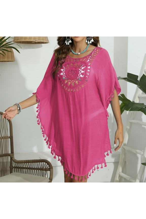 Summer Dresses for Women Woman Summer Solid Color Splicing Tassels Beach Smock Short Sleeved Dress Casual Loose Flowy Swing Shift Dresses