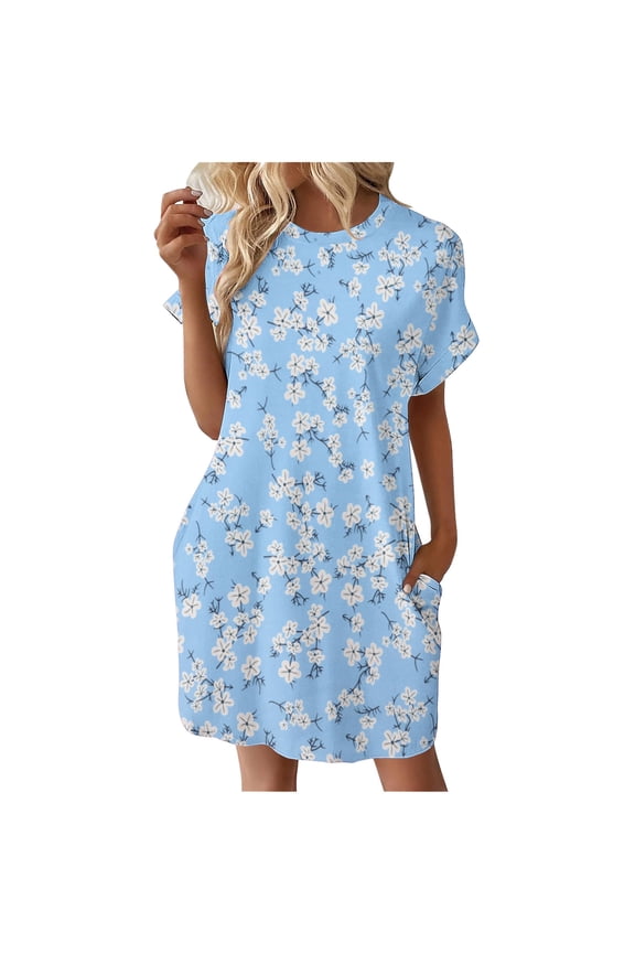 Sundress for Women Women's Summer Fashion Casual Print Round Neck Sleeveless Pocket Dress Tiered Ruffle Boho Swing Dresses