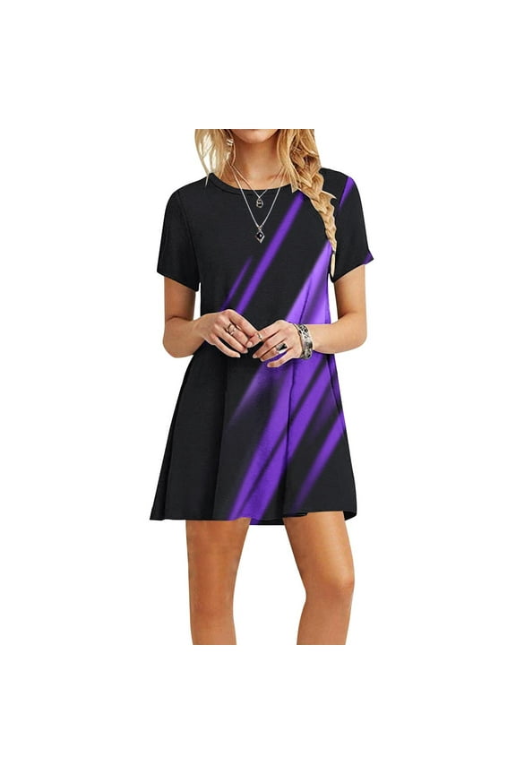 Tie-Dye Dresses for Women Summer Casual Short Sleeve Loose Fit Short Dress Crewneck Swing Midi Tee T-Shirts Dresses