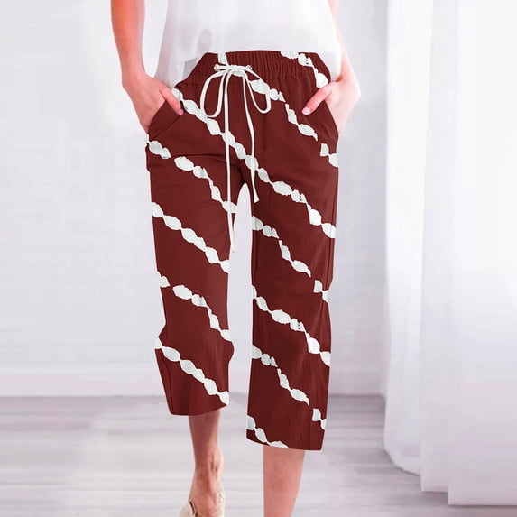 ZHUGeLI Trousers Pants for Women Plus Size Linen Capris Pants Vintage Floral Print 3/4 Length Trouser Drawstring Wide Leg Capri Pant Capri Pants Comfy Trousers Elastic Pants