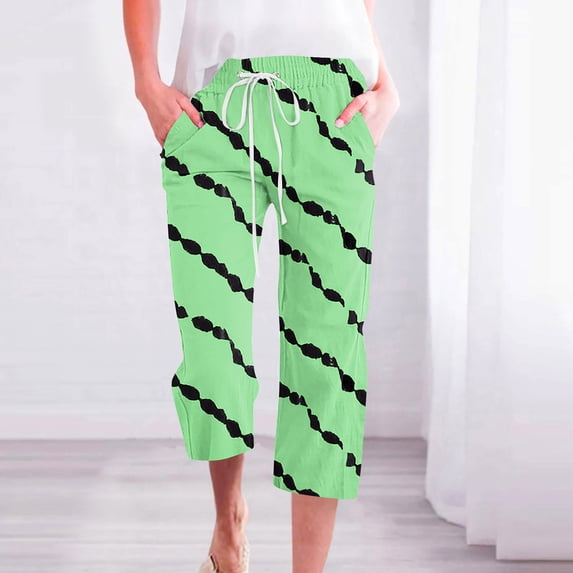 ZHUGeLI Trousers Pants for Women Plus Size Linen Capris Pants Vintage Floral Print 3/4 Length Trouser Drawstring Wide Leg Capri Pant Capri Pants Comfy Trousers Elastic Pants